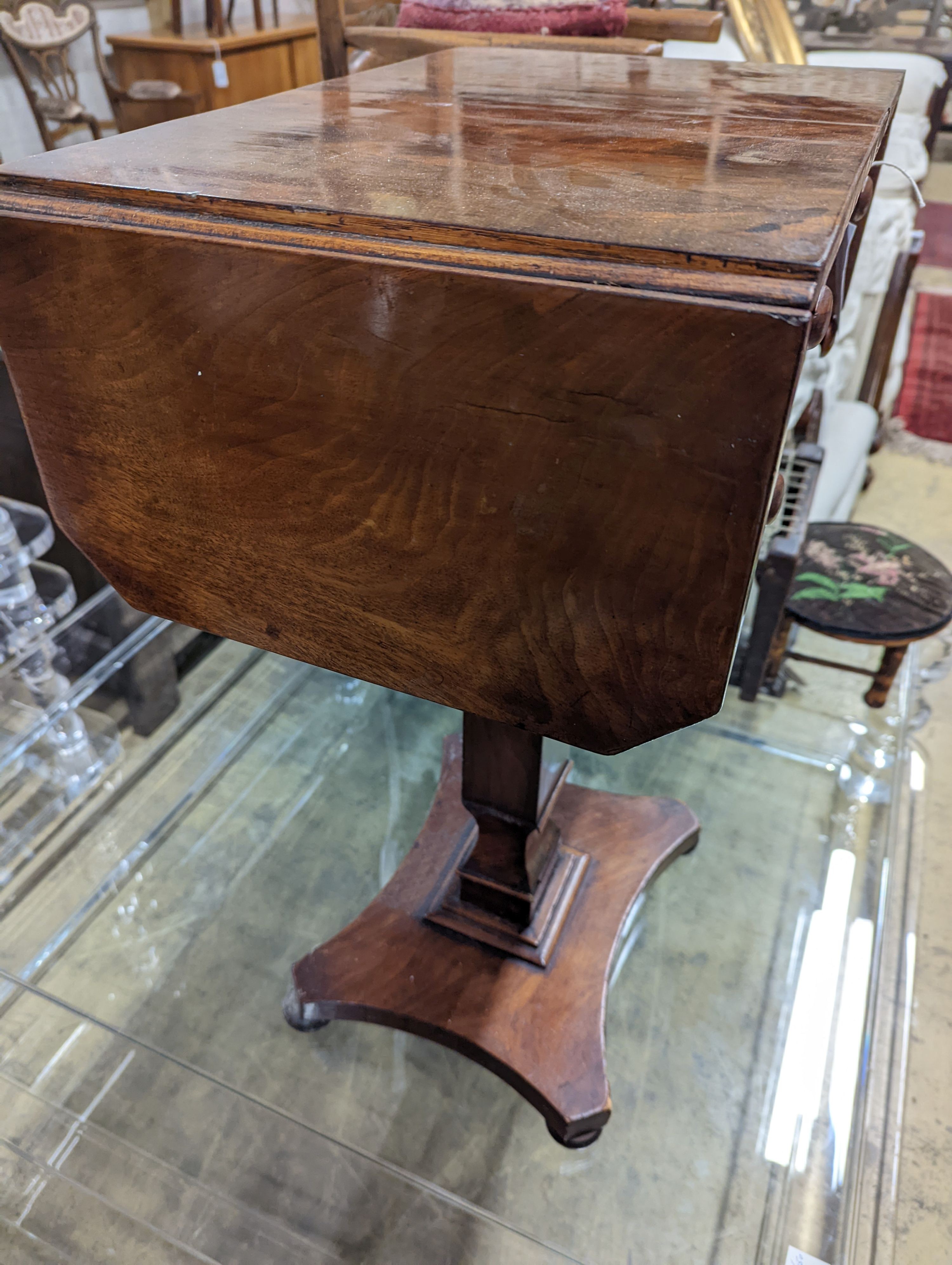 A Victorian mahogany drop flap work table, width 49cm, depth 31cm, height 71cm